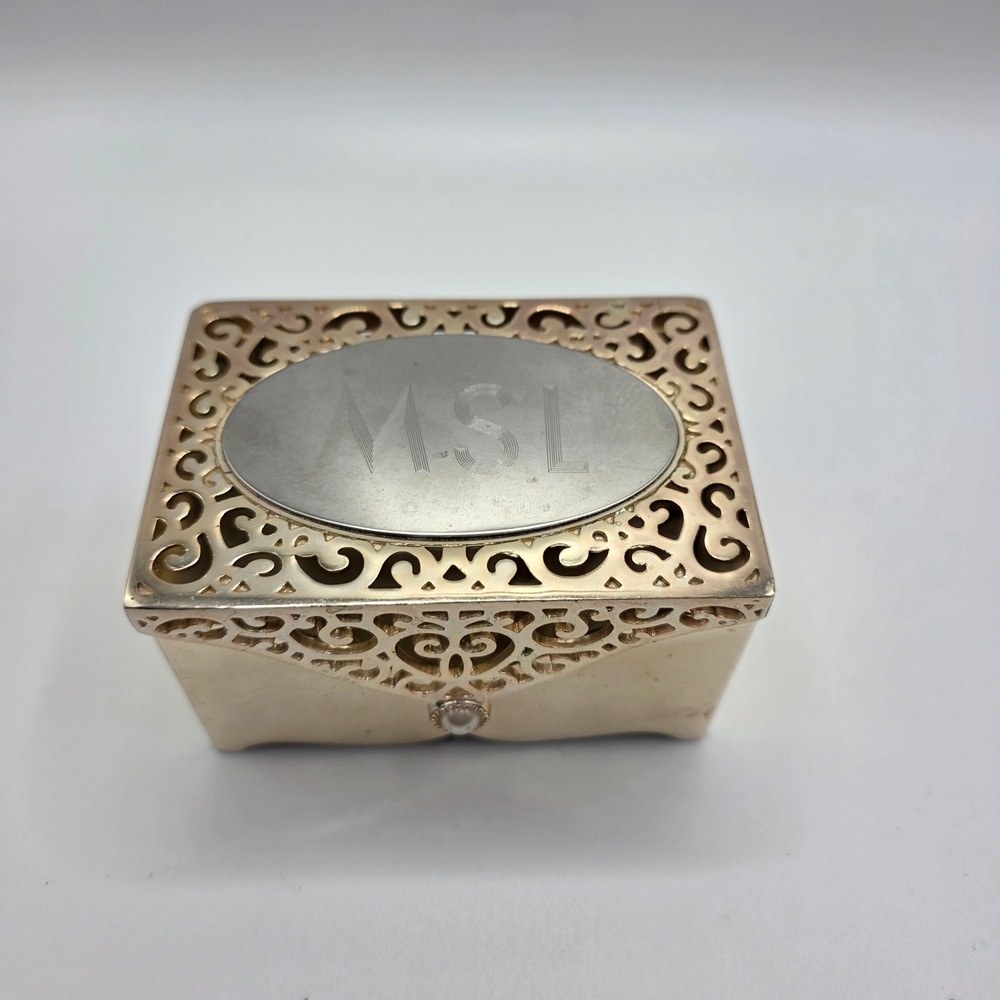 Vintage Gold Tone Filigree Jewelry Box Trinket Box Ring Holder Lined Interior